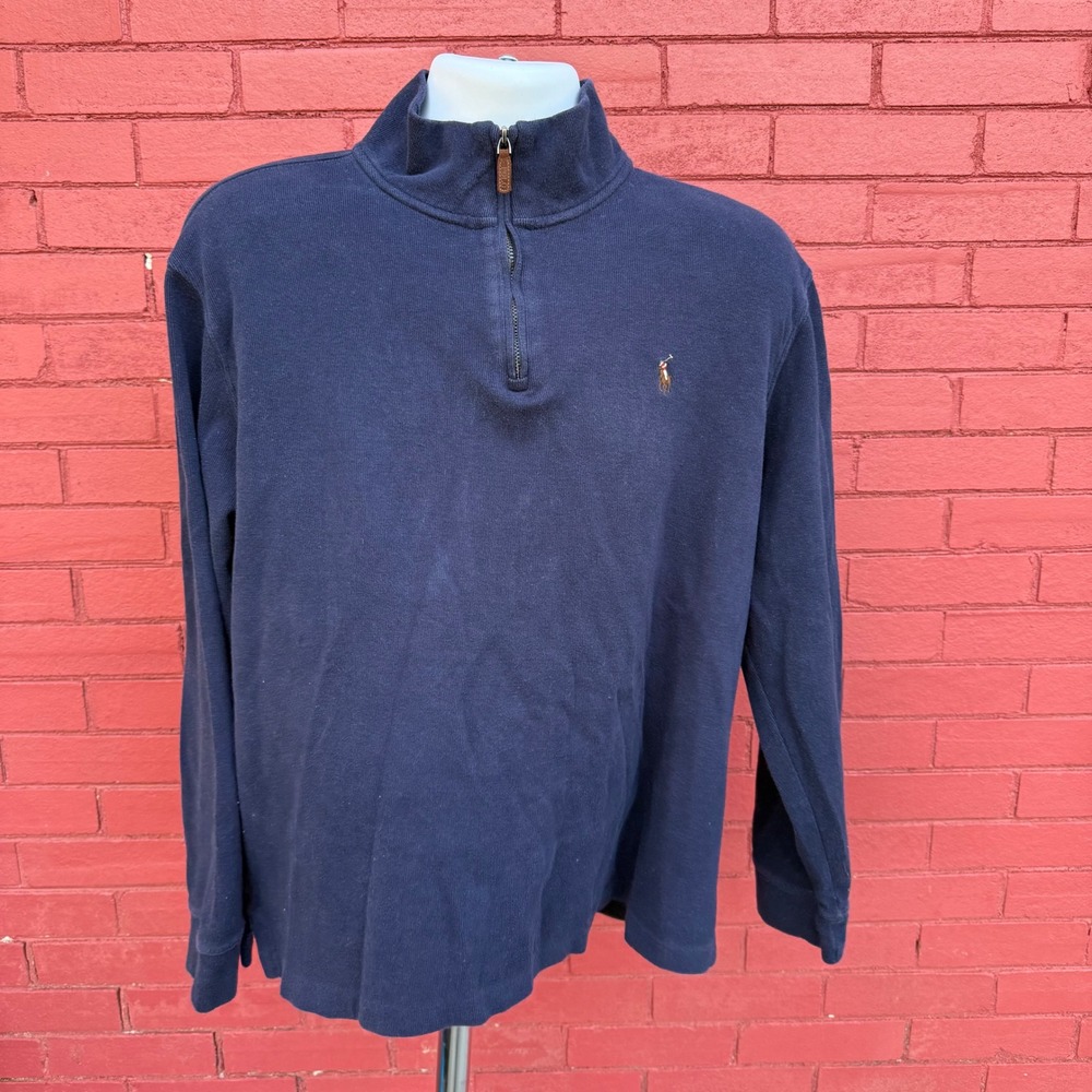 Vtg Polo Ralph Lauren Quarter Zip Sweater Mens Size XL Fleece Pullover Navy Blue